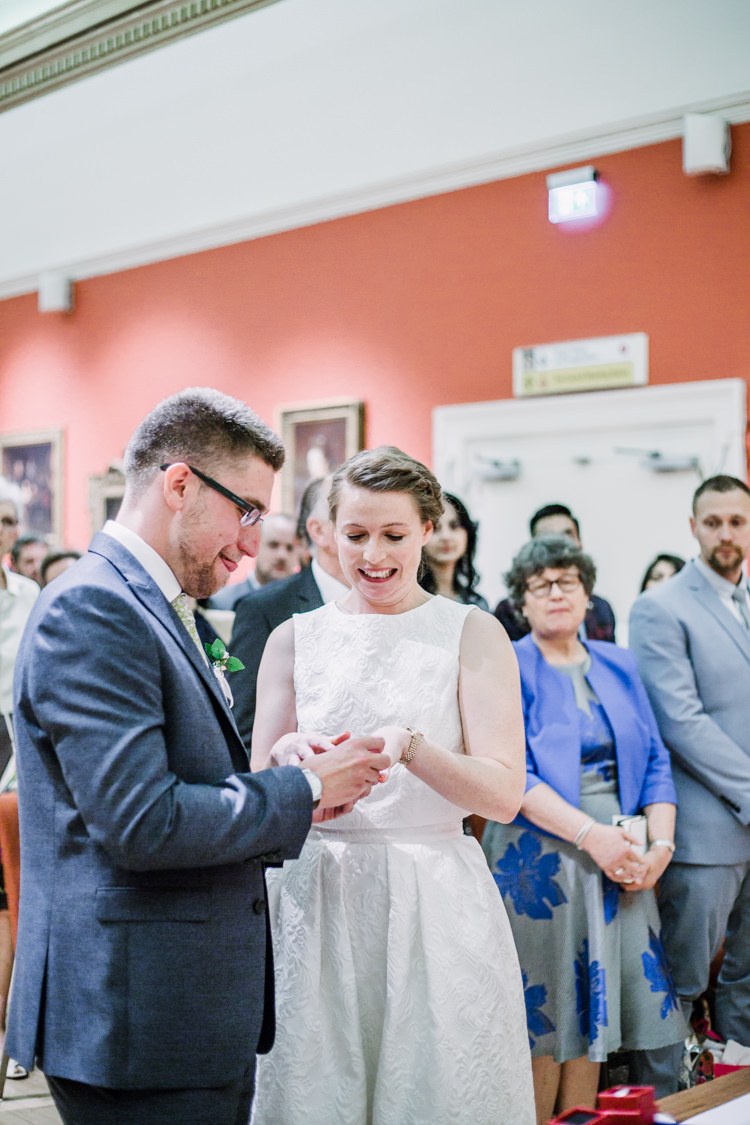 Bride Bridal Dress Gown Two Piece Crop Top Groom Grey Blue Green Three Piece Waistcoat Fun DIY Wedding New Walk Museum Leicester https://www.daniellefrancescaphotography.com/
