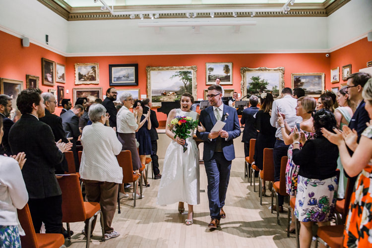 Bride Bridal Dress Gown Two Piece Crop Top Groom Grey Blue Green Three Piece Waistcoat Bouquet Fun DIY Wedding New Walk Museum Leicester https://www.daniellefrancescaphotography.com/