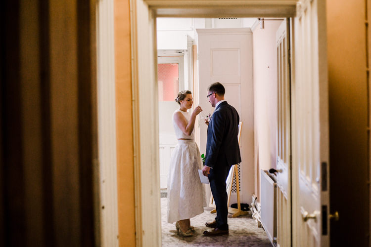Bride Bridal Dress Gown Two Piece Crop Top Groom Grey Blue Green Three Piece Waistcoat Fun DIY Wedding New Walk Museum Leicester https://www.daniellefrancescaphotography.com/