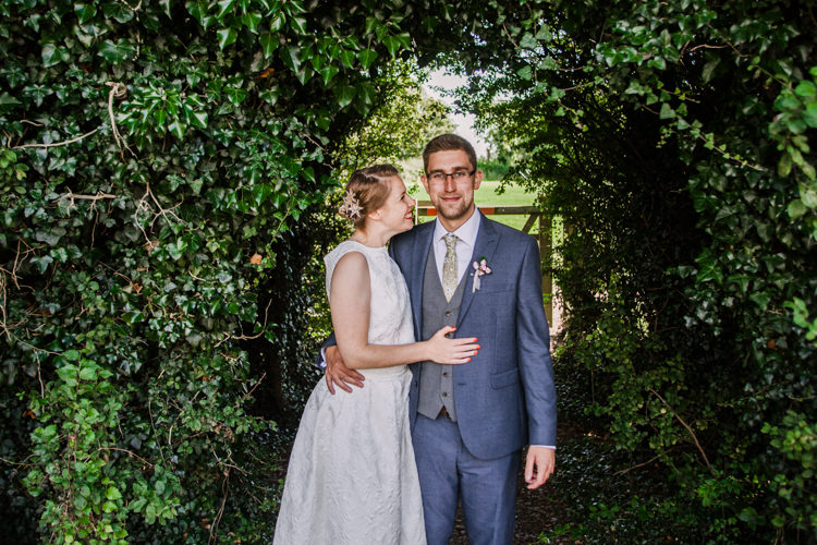 Bride Bridal Dress Gown Two Piece Crop Top Groom Grey Blue Green Three Piece Waistcoat Fun DIY Wedding New Walk Museum Leicester https://www.daniellefrancescaphotography.com/