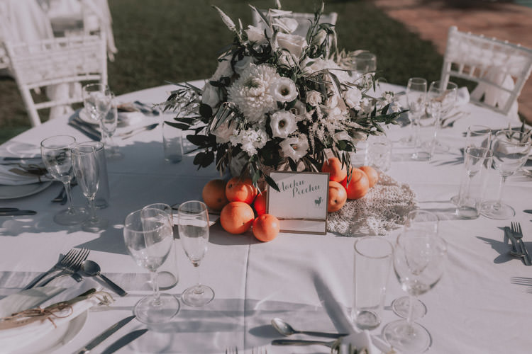 Outdoor Fields Garden Villa Italy Rustic Natural Vineyard Orchard Table Oranges Travel Inspired Table Names White Flowers | Sage Green Mediterranean Destination Wedding Spain https://www.kinoortega.com/