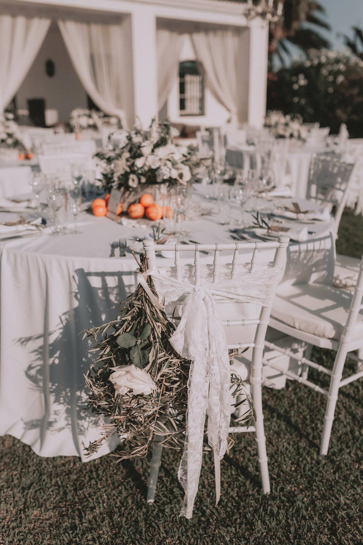 Outdoor Fields Garden Villa Italy Rustic Natural Vineyard Orchard Table Oranges Travel Inspired Table Names White Flowers | Sage Green Mediterranean Destination Wedding Spain https://www.kinoortega.com/