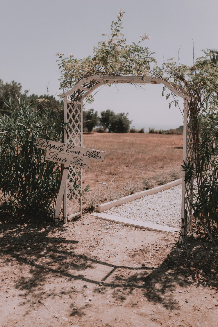 Outdoor Fields Garden Villa Italy Rustic Natural Vineyard Orchard Floral Arch Happily Ever After Starts Here | Sage Green Mediterranean Destination Wedding Spain https://www.kinoortega.com/