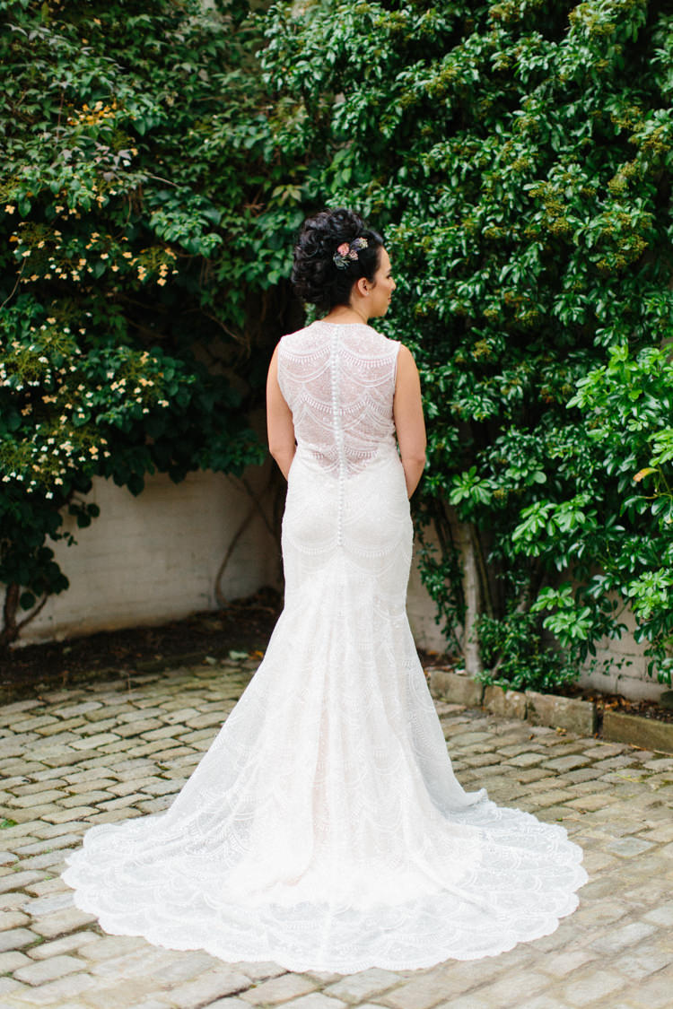 Lace Beaded Gown Back Buttons Bride Bridal Illusion Sheer Train Fun Joyful Pink Blue Summer Healey Barn Wedding Northumberland http://www.melissabeattie.com/