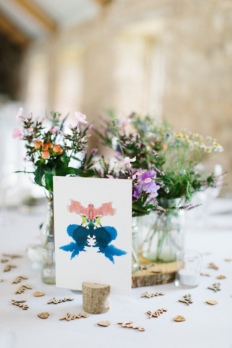 Centrepiece Flowers Log Slice Jars Table Confetti Table Name Watercolour Fun Joyful Pink Blue Summer Healey Barn Wedding Northumberland http://www.melissabeattie.com/