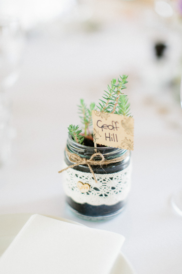 Jar Succulent Potted Favours Place Name Lace Twine Fun Joyful Pink Blue Summer Healey Barn Wedding Northumberland http://www.melissabeattie.com/