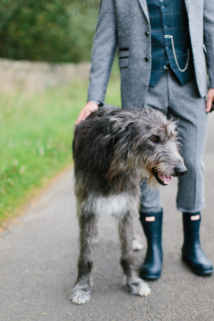Groom Suit Grey Tweed Waistcoat Floral Shirt Bow Tie Hunter Wellies Dog Fun Joyful Pink Blue Summer Healey Barn Wedding Northumberland http://www.melissabeattie.com/