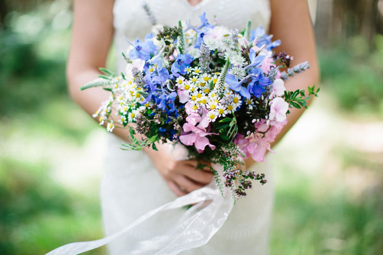 Bouquet Flowers Bride Bridal Lavender Daisy Sweet Pea Ribbons Fun Joyful Pink Blue Summer Healey Barn Wedding Northumberland http://www.melissabeattie.com/