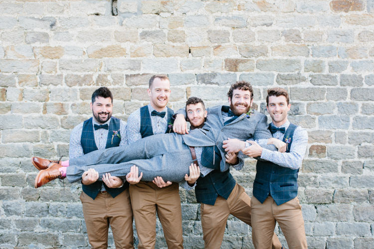 Groom Suit Grey Tweed Waistcoat Floral Shirt Bow Tie Groomsmen Trousers Chinos Fun Joyful Pink Blue Summer Healey Barn Wedding Northumberland http://www.melissabeattie.com/