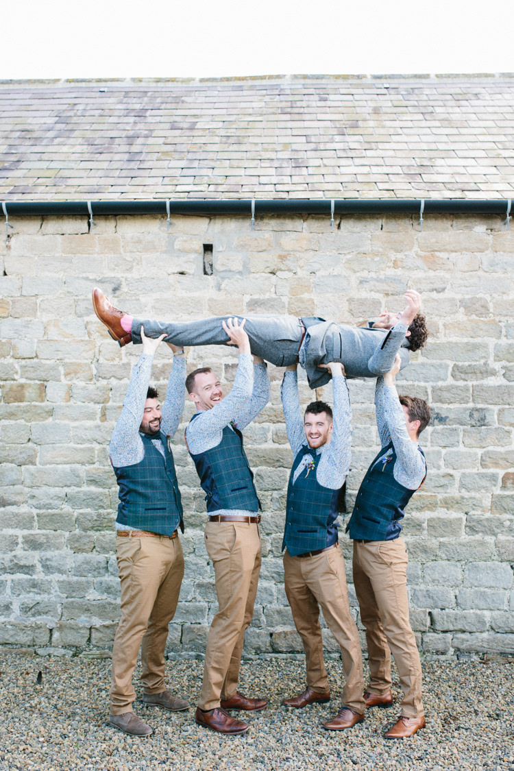 Groom Suit Grey Tweed Waistcoat Floral Shirt Bow Tie Groomsmen Trousers Chinos Fun Joyful Pink Blue Summer Healey Barn Wedding Northumberland http://www.melissabeattie.com/