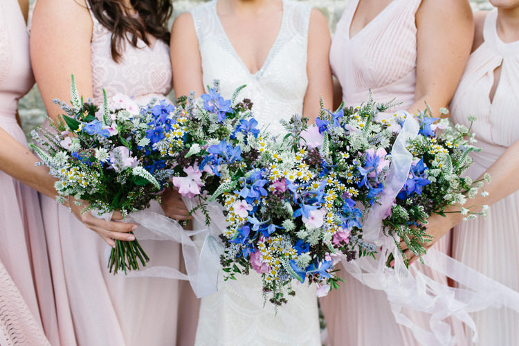 Bouquets Bride Bridal Bridesmaids Ribbon Daisy Flowers Fun Joyful Pink Blue Summer Healey Barn Wedding Northumberland http://www.melissabeattie.com/