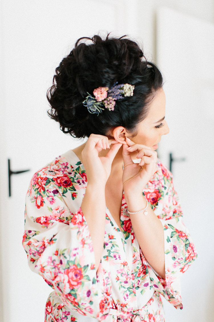 Hair Bride Bridal Style Up Do Flowers Robe Dressing Gown Floral Fun Joyful Pink Blue Summer Healey Barn Wedding Northumberland http://www.melissabeattie.com/