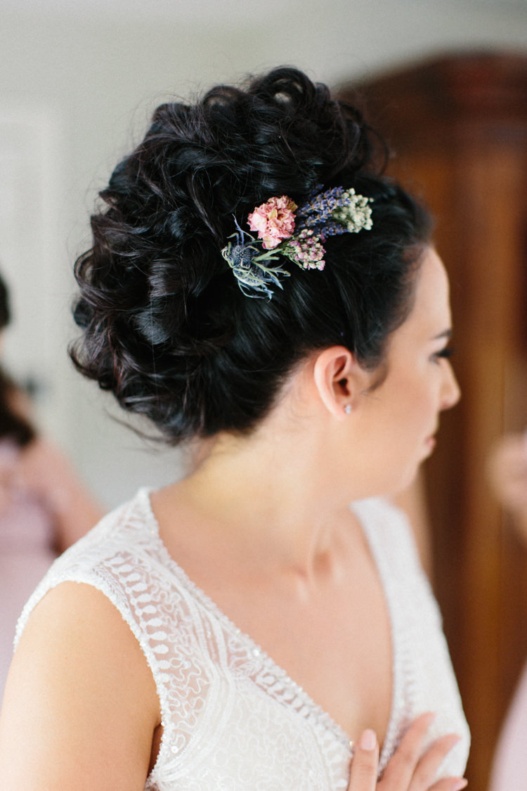 Hair Bride Bridal Style Up Do Flowers Fun Joyful Pink Blue Summer Healey Barn Wedding Northumberland http://www.melissabeattie.com/
