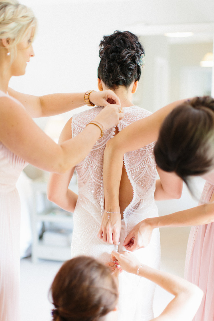 Lace Beaded Gown Back Buttons Bride Bridal Illusion Sheer Fun Joyful Pink Blue Summer Healey Barn Wedding Northumberland http://www.melissabeattie.com/