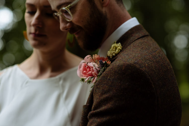 DIY Bride Groom Alternative Hippy Forest Farm Field Garden Wedding Tweed Brown Suit Pink Buttonhole | Homegrown Community Eclectic Rural Yorkshire Wedding https://toastofleeds.co.uk/