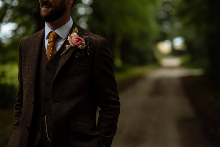DIY Bride Groom Alternative Hippy Forest Farm Field Garden Wedding Tweed Brown Suit Pink Buttonhole | Homegrown Community Eclectic Rural Yorkshire Wedding https://toastofleeds.co.uk/