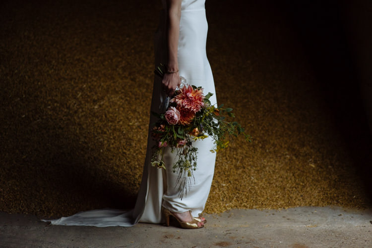 DIY Bride Gold Shoes Wildflower Bouquet Yellow Orange Pink Alternative Hippy Forest Farm Field Garden Wedding | Homegrown Community Eclectic Rural Yorkshire Wedding https://toastofleeds.co.uk/