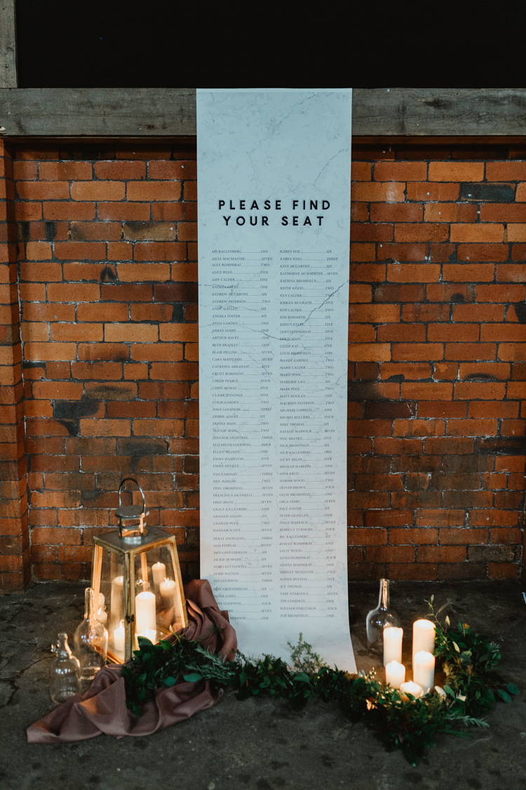 Marble Seating Plan Table Chart Scroll Banner Sign Modern Industrial Violet Greenery Succulents Edison Lighting Wedding Ideas https://www.steviejayphotography.co.uk/