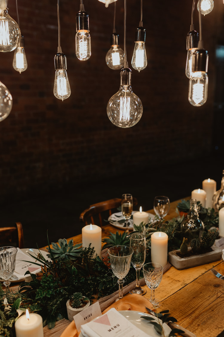Tablescape Candles Decor Table Foliage Garland Swag Runner Industrial Violet Greenery Succulents Edison Lighting Wedding Ideas https://www.steviejayphotography.co.uk/