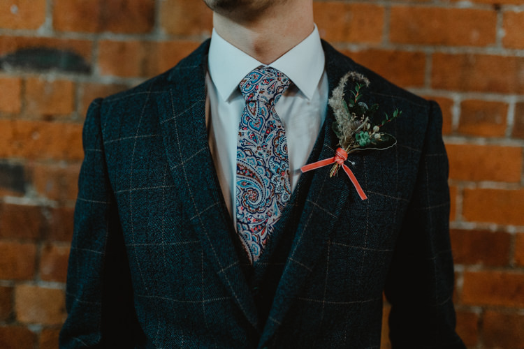 Groom Suit Outfit Style Paisley Tie Industrial Violet Greenery Succulents Edison Lighting Wedding Ideas https://www.steviejayphotography.co.uk/