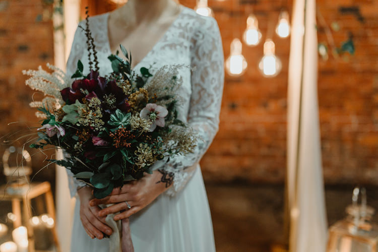 Bouquet Flowers Bride Bridal Ribbons Foliage Lilac Industrial Violet Greenery Succulents Edison Lighting Wedding Ideas https://www.steviejayphotography.co.uk/