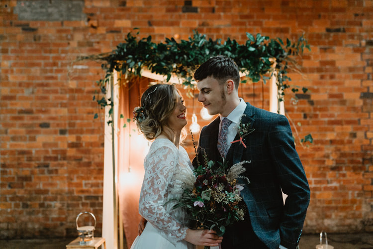 Backdrop Arch Arbour Ceremony Festoon Fabric Greenery Industrial Violet Greenery Succulents Edison Lighting Wedding Ideas https://www.steviejayphotography.co.uk/