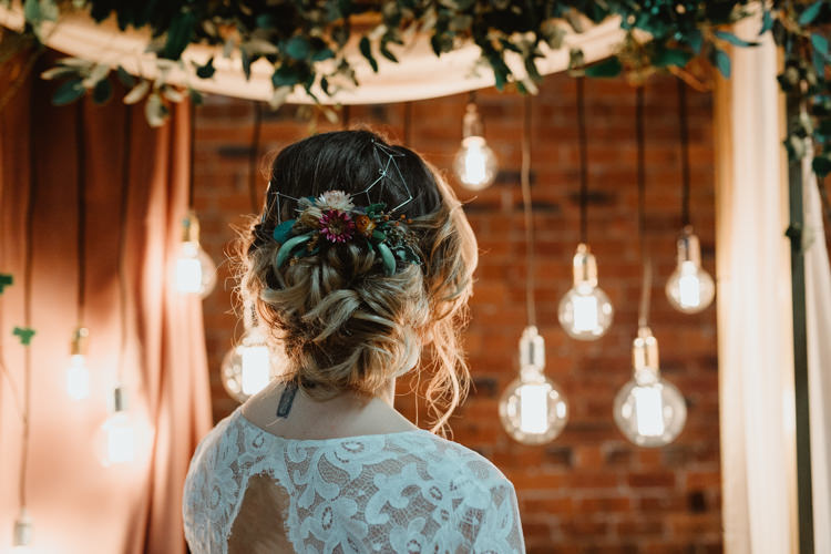 Hair Bride Bridal Up Do Style Rustic Flowers Industrial Violet Greenery Succulents Edison Lighting Wedding Ideas https://www.steviejayphotography.co.uk/