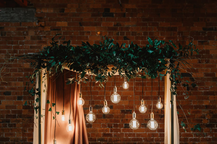 Backdrop Arch Arbour Ceremony Festoon Fabric Greenery Industrial Violet Greenery Succulents Edison Lighting Wedding Ideas https://www.steviejayphotography.co.uk/
