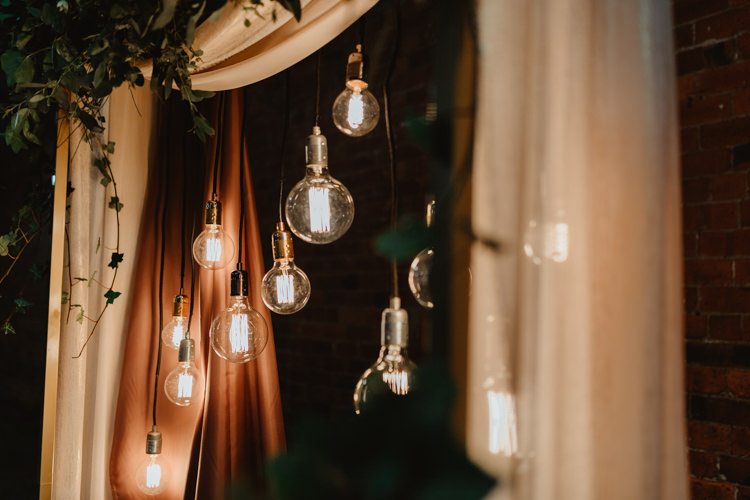 Backdrop Arch Arbour Ceremony Festoon Fabric Greenery Industrial Violet Greenery Succulents Edison Lighting Wedding Ideas https://www.steviejayphotography.co.uk/