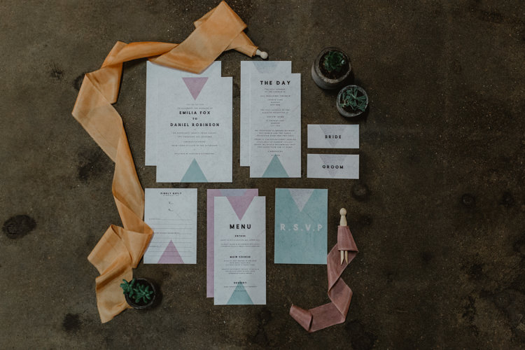 Stationery Invites Invitations Graphic Triangles Industrial Violet Greenery Succulents Edison Lighting Wedding Ideas https://www.steviejayphotography.co.uk/