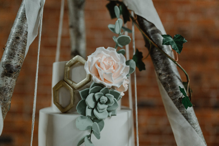 Cake Table Suspended Hanging Tipi Naked Industrial Violet Greenery Succulents Edison Lighting Wedding Ideas https://www.steviejayphotography.co.uk/