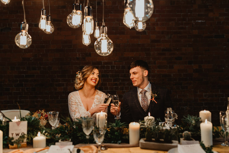 Tablescape Lighting Decor Table Greenery Industrial Violet Greenery Succulents Edison Lighting Wedding Ideas https://www.steviejayphotography.co.uk/