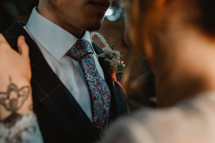 Groom Suit Outfit Style Paisley Tie Industrial Violet Greenery Succulents Edison Lighting Wedding Ideas https://www.steviejayphotography.co.uk/
