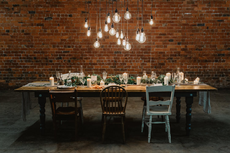 Tablescape Lighting Decor Table Greenery Industrial Violet Greenery Succulents Edison Lighting Wedding Ideas https://www.steviejayphotography.co.uk/