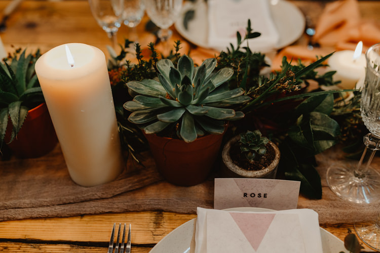 Tablescape Candles Decor Table Foliage Garland Swag Runner Industrial Violet Greenery Succulents Edison Lighting Wedding Ideas https://www.steviejayphotography.co.uk/