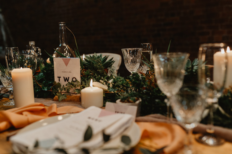 Tablescape Candles Decor Table Foliage Garland Swag Runner Industrial Violet Greenery Succulents Edison Lighting Wedding Ideas https://www.steviejayphotography.co.uk/