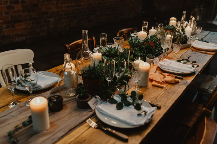 Tablescape Candles Decor Table Foliage Garland Swag Runner Industrial Violet Greenery Succulents Edison Lighting Wedding Ideas https://www.steviejayphotography.co.uk/
