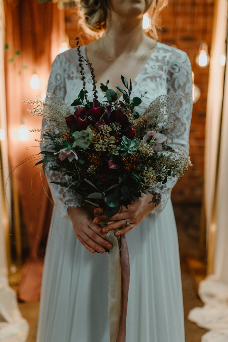 Bouquet Flowers Bride Bridal Ribbons Foliage Lilac Industrial Violet Greenery Succulents Edison Lighting Wedding Ideas https://www.steviejayphotography.co.uk/