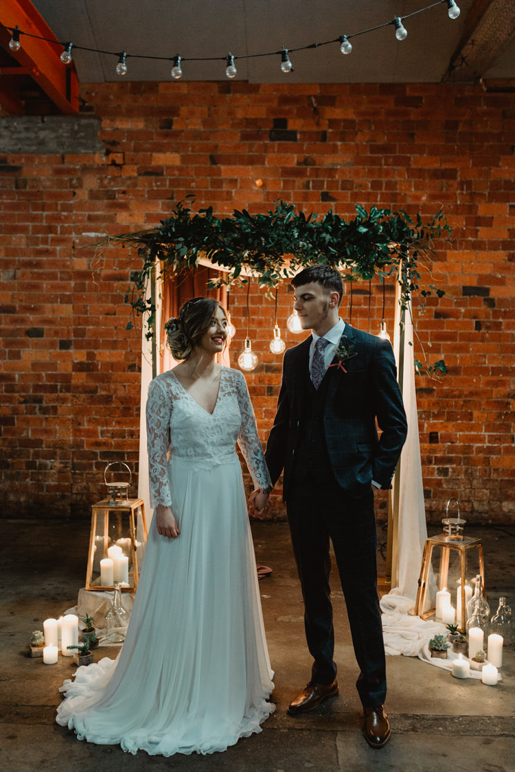 Backdrop Arch Arbour Ceremony Festoon Fabric Greenery Industrial Violet Greenery Succulents Edison Lighting Wedding Ideas https://www.steviejayphotography.co.uk/