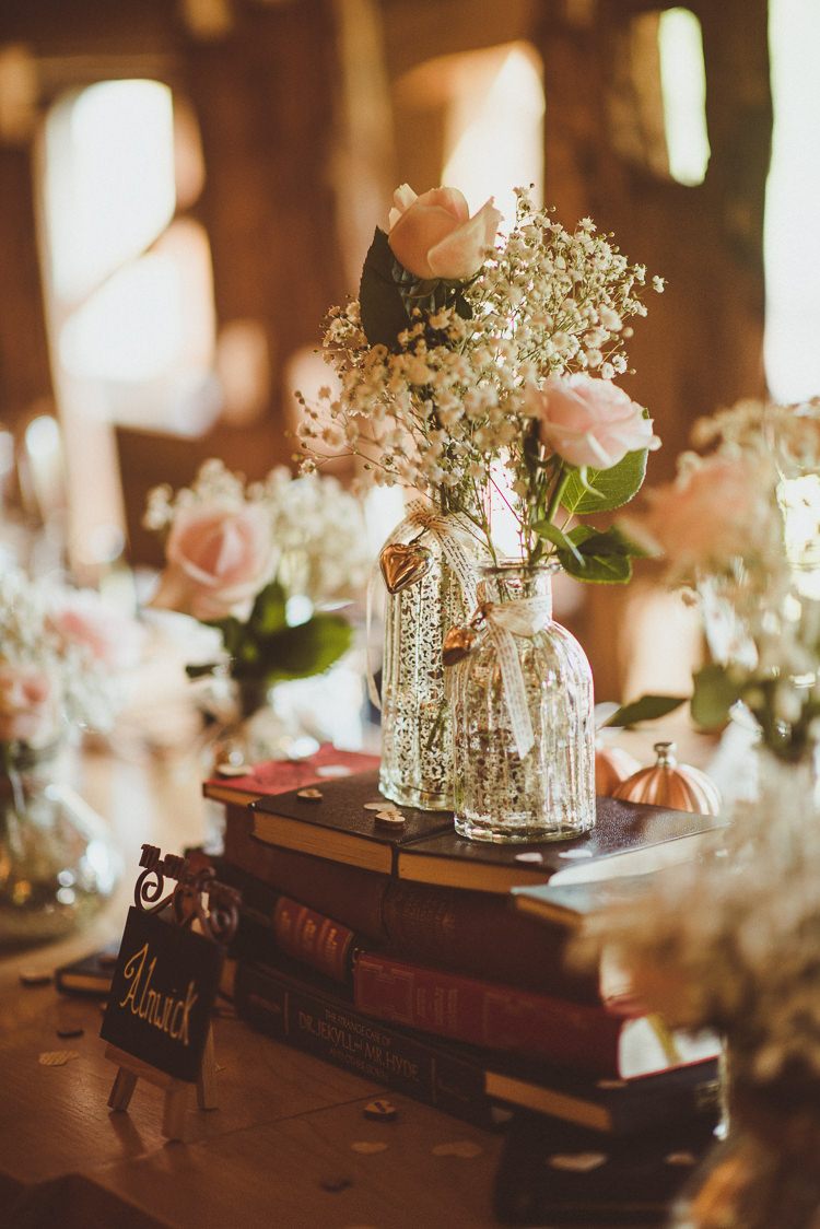 Decor Decoration Bottles Books Flowers Rose Pink Gypsophila Rustic Relaxed Woodsy Alnwick Treehouse Northumberland Wedding http://www.mattpenberthy.com/