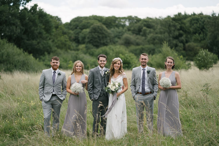 Bride Bridal Bouquet White Flowers Floral Cream Rose Rembo Styling Lace V Neck Grey ASOS Bridesmaids Groom Groomsman Three Piece Gypsophila Balls Relaxed Bohemian Summer Meadow Wedding https://karibellamy.com/