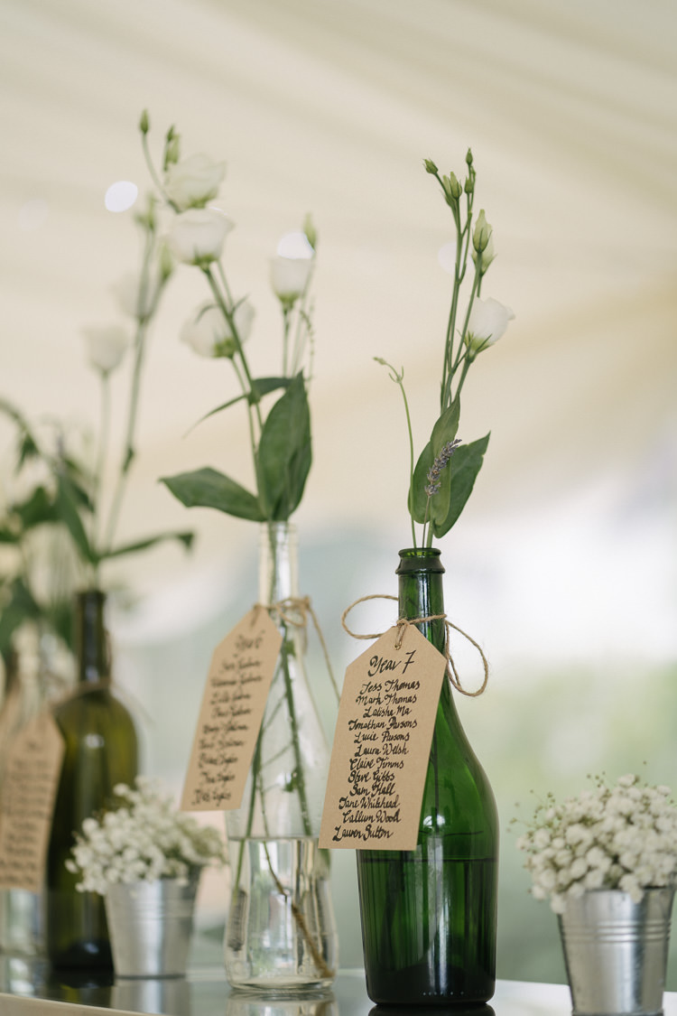 Table Plan Seating Chart Bottles Luggage Tag Label Floral Flower Calligraphy Relaxed Bohemian Summer Meadow Wedding https://karibellamy.com/