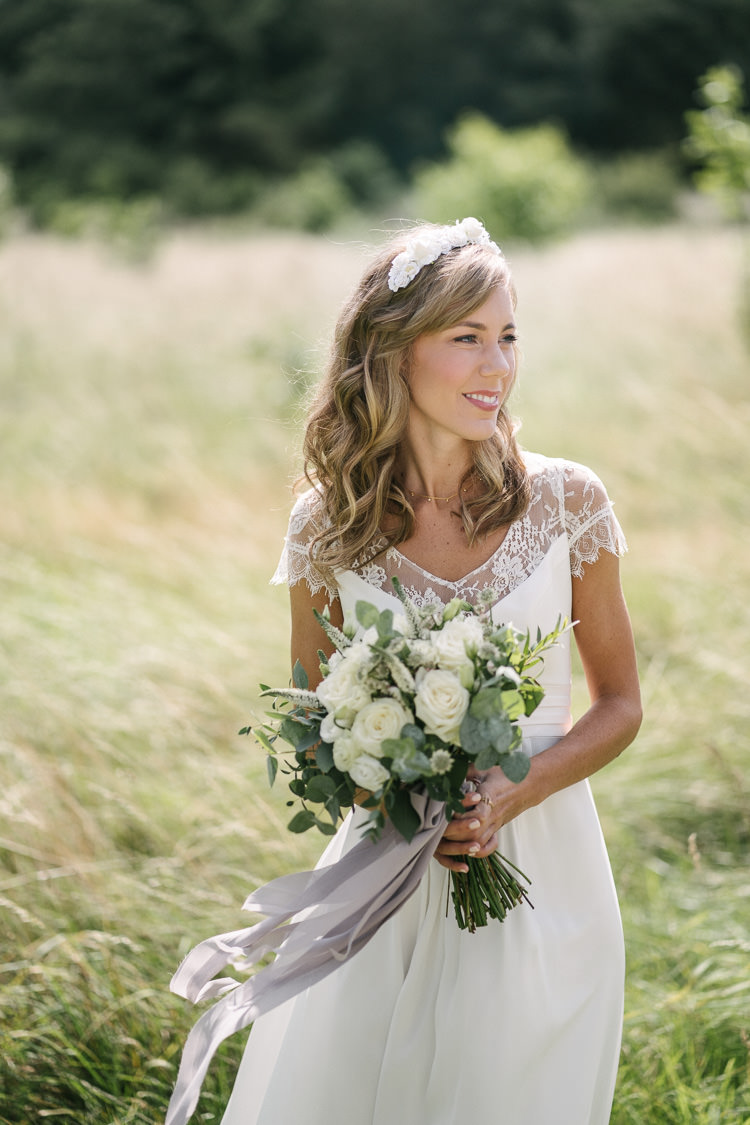 Rembo Styling Dress Bride Bridal Lace V Neck Floral Crown Bouquet White Cream Rose Flowers Eucalyptus Greenery Relaxed Bohemian Summer Meadow Wedding https://karibellamy.com/