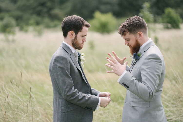 Grey Groom Groomsman Buttonhole Relaxed Bohemian Summer Meadow Wedding https://karibellamy.com/