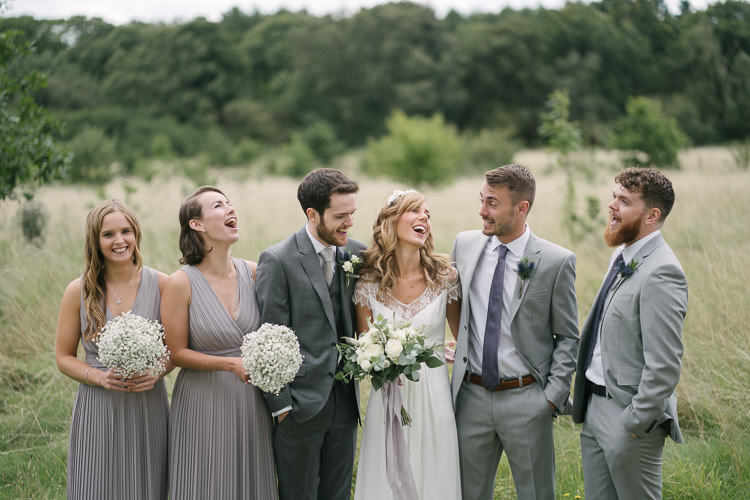 Bride Bridal Bouquet White Flowers Floral Cream Rose Rembo Styling Lace V Neck Grey ASOS Bridesmaids Groom Groomsman Three Piece Gypsophila Balls Relaxed Bohemian Summer Meadow Wedding https://karibellamy.com/