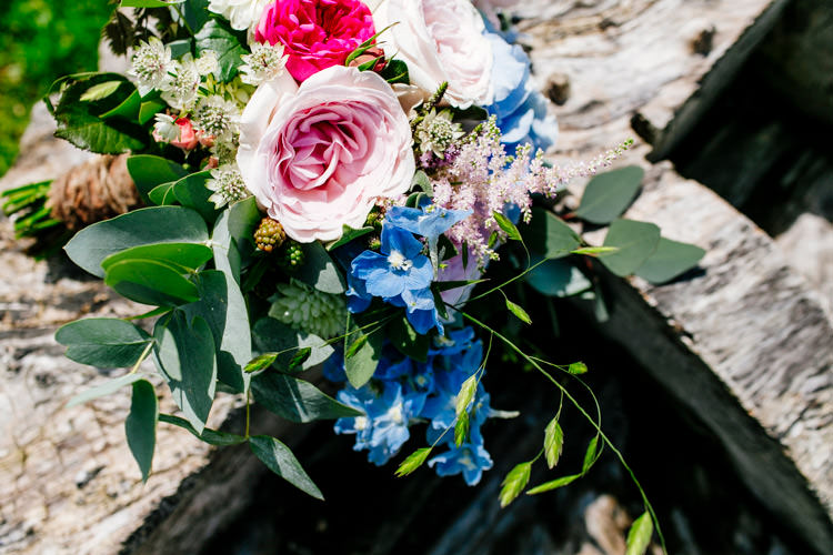 Flowers Pink Blue Bride Bridal Bouquet Bright Fun Festival Boho Wedding The Party Field East Sussex http://epiclovestory.co.uk/