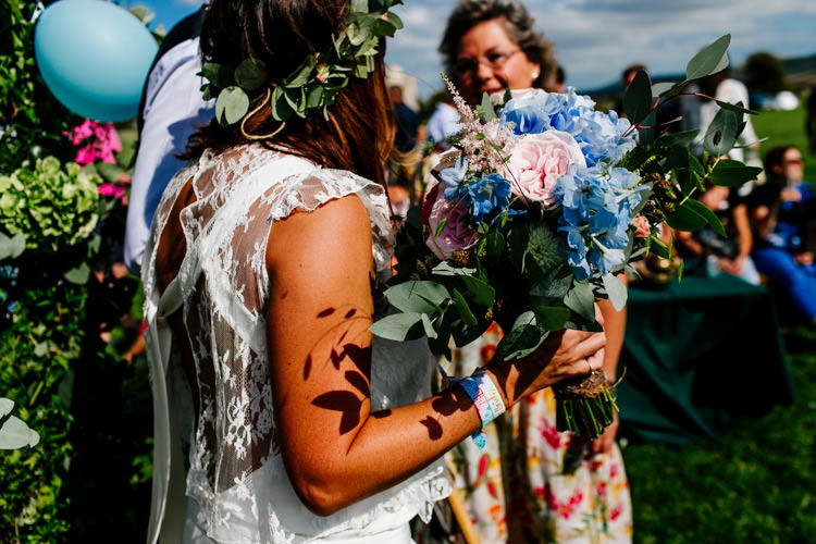 Flowers Bouquet Bride Bridal Pink Blue Hydrangea Rose Bright Fun Festival Boho Wedding The Party Field East Sussex http://epiclovestory.co.uk/