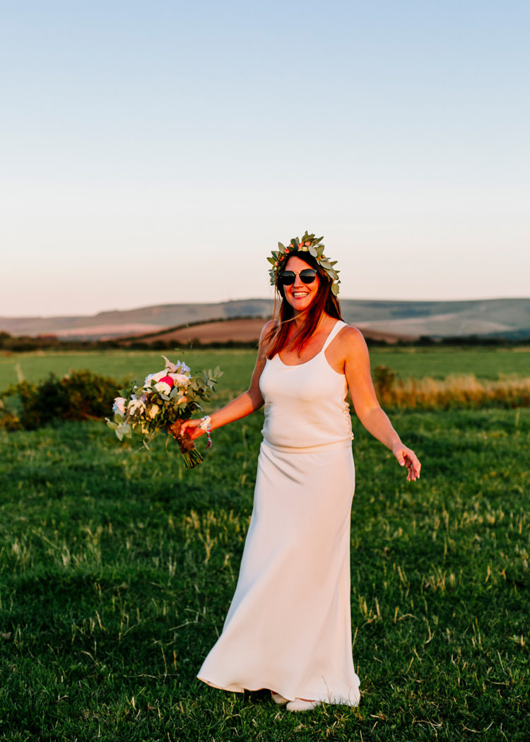 Laure de Sagazan Dress Gown Bride Bridal Flower Crown Bright Fun Festival Boho Wedding The Party Field East Sussex http://epiclovestory.co.uk/