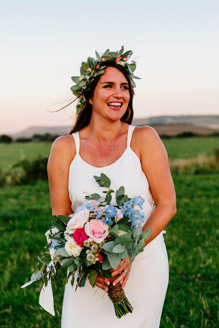 Bride Bridal Flower Crown Bouquet Pink Blue Greenery Bright Fun Festival Boho Wedding The Party Field Kent http://epiclovestory.co.uk/