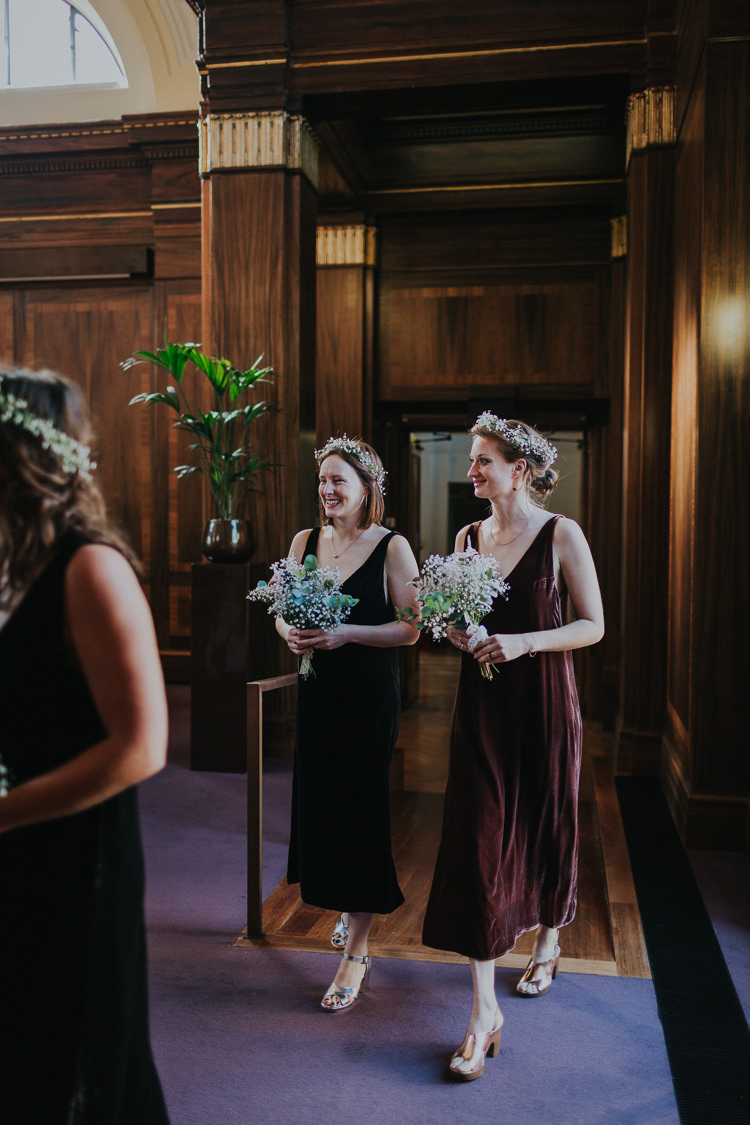 Bridesmaids Velvet Dress Bespoke V Neck Burgundy Gypsophila Flower Crown Bouquet Chilled Out Individual Simple City Wedding Stoke Newington Town Hall London The Tab Centre http://www.kategrayphotography.com/